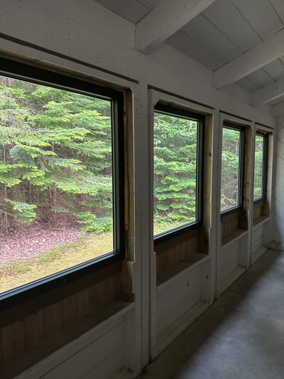 An interior view of a sunroom addition or enclosed porch in Carleton Parish, Canada, shows a row of four large windows looking out onto a dense forest of evergreen trees. The windows are framed in dark material and appear to be recently installed, with exposed insulation foam visible around the edges of some. The interior walls are paneled with light-colored wood, and the ceiling features exposed white-painted beams and planks. The floor is a light gray concrete. The area beneath the windows has white-painted trim and wooden shelves or ledges, suggesting a potential planter or seating area. The outdoor scene is dominated by the vibrant green of the trees and the forest floor covered in a mix of fallen leaves and moss.