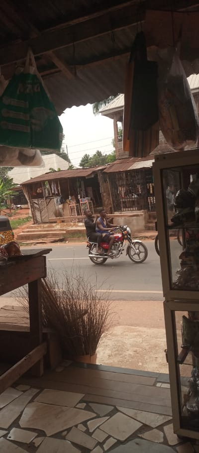 The image displays a street scene in Umuoji, Nigeria, viewed from the interior of a commercial establishment. In the immediate foreground, a wooden ceiling structure with corrugated metal roofing is visible, from which a green and white reusable bag, a dark fabric item, and a clear plastic bag filled with contents are suspended. To the lower left, a wooden counter or display stand is partially visible, beside which a large bundle of dried reeds stands upright in a brown container on a floor composed of irregularly shaped light-colored tiles set into a darker matrix. A glass display cabinet occupies the right foreground.
In the midground, a paved road runs horizontally across the frame. Two males are operating a red and silver motorcycle, traveling from left to right. The driver wears a blue sleeveless shirt and shorts, while the passenger behind him wears a dark shirt and pants; both wear sandals. Across the road, several single-story structures with corrugated metal roofs function as shops or stalls, displaying various merchandise. The area immediately beyond the road's edge features unpaved earth and a raised curb. Green trees and other vegetation are present behind the roadside shops. The background reveals additional buildings, including a multi-story structure with a light-colored roof, all beneath an overcast sky.