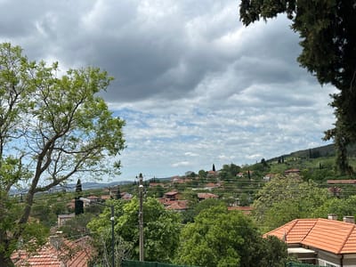 The image depicts a view of Hrishteni, Bulgaria, under an overcast sky. The foreground features trees framing the scene, with a mix of deciduous trees on the left and a darker, conifer-like tree on the right. The middle ground is filled with houses and other buildings, mostly obscured by trees but discernible by their red tile roofs. Telephone poles and wires are also visible. In the background are rolling hills and mountains, also covered with trees. The sky has layers of clouds.