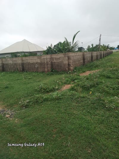 The image captures an exterior scene in Doka-Tofa, Nigeria, under an overcast sky. A concrete block wall, constructed from large, grey, rectangular blocks, forms a perimeter that extends from the left foreground towards the right background. The wall appears to be of medium height and shows signs of weathering. Beyond the wall, a light-colored building with a gabled roof is visible, featuring multiple windows. Lush green grass covers the ground in the foreground and along the side of the wall. Various plants and some small white flowers are interspersed with the grass. In the distance, beyond the wall and trees, a blue roof of another structure can be seen. The overall environment suggests a partially developed or rural area. The bottom left corner of the image displays the text "Samsung Galaxy A03" in white script.
