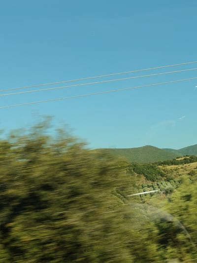 The image shows a landscape viewed from a moving vehicle, likely a car, as indicated by the motion blur. The scene is dominated by rolling green hills covered in vegetation, with some trees and shrubs visible. In the foreground, there is a blurred mass of green, suggesting closer trees. In the distance, the hills are more defined, with patches of lighter green indicating dry grass or scrub. Above the hills, a clear blue sky is visible, with three thin, light-colored lines running horizontally across the upper portion of the image, which appear to be power lines or wires. There are no people or animals visible in the image. The location is identified as Municipal Unit of Pteleos, Greece, suggesting a rural or semi-rural setting within this region. The time of day appears to be daytime due to the bright sky and clear visibility.