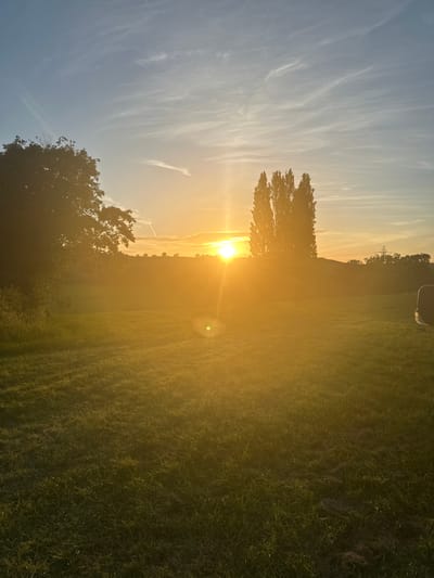 A wide-angle shot captures a sunset over a grassy field in Tewkesbury, United Kingdom. The sun, a bright orb of light, is positioned near the center of the frame, casting a warm, golden glow across the landscape. Wispy clouds streak across the pale blue sky, tinged with orange and yellow from the setting sun. Silhouetted trees and a distant treeline are visible against the horizon. The foreground is dominated by a lush green field, with blades of grass catching the sunlight. A dark object, possibly the rear of a vehicle, is partially visible on the far right of the image. The overall scene is serene and picturesque, evoking the tranquility of a rural evening.