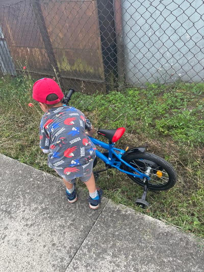 In an outdoor scene, a young child wearing a red cap and shorts printed with "Sonic the Hedgehog" characters stands next to a blue bicycle with training wheels. The bicycle has a red seat and a black handlebar. The child is looking down at the bicycle, and their legs are visible wearing blue socks and sandals.
The setting appears to be a grassy area next to a concrete path, with a chain-link fence in the background. The lighting suggests it is daytime, and the weather seems to be overcast or moderately sunny. There are some red flowers growing near the child's feet.
The image captures a moment of interaction between the child and the bicycle, possibly before or after riding. The child's posture and gaze suggest engagement with the bike. The overall atmosphere is calm and casual, indicative of everyday outdoor activity. The location context of Biczyce Dolne, Poland, places the scene in a specific geographical area.