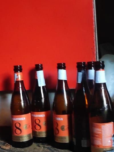 Six brown glass bottles with orange and white labels are lined up in a row. The labels on the first two bottles from the left are orange with a large black number "8" and the text "BALTIKA". The remaining four bottles have white labels. The bottles are standing on a dark, textured surface. In the background, there is a bright red wall. The image appears to have been taken indoors, possibly in Makhinjauri, Georgia, though no specific landmarks confirm this location.