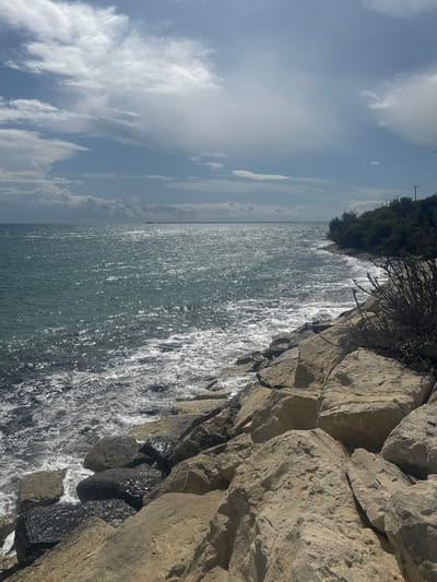 The image displays a coastal scene in Agios Tychonos, Cyprus, under a sky with prominent white and grey cumulus clouds. The sea, appearing dark teal and shimmering with sunlight reflections, occupies the left and central-lower portion, with waves breaking into white foam against the shore. A distant, dark vessel is faintly visible on the horizon line, slightly left of center. The foreground and right side are dominated by a rocky coastline composed of large, irregularly shaped, light beige-colored boulders, with some darker, wet rocks closer to the water. A dense strip of green vegetation, alongside a dry, bare shrub, lines the coast on the far right. Utility poles are discernible above the treeline on the right. No individuals are present in the scene.