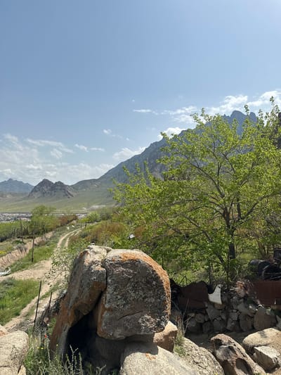 The image presents a landscape view, possibly taken on a hillside in or around Agarak, Armenia. In the foreground, there is a large boulder covered with lichen. Behind the boulder, there is a tree with green leaves. Further back, there's a view of a valley with a road running through it. The surrounding terrain consists of grassy areas with scattered trees and possibly a village or small town in the distance. Mountains rise up in the background, reaching into a partly cloudy blue sky. There appears to be some debris and construction materials atop a small, crudely made retaining wall of piled rocks behind the boulder on the right side of the image.