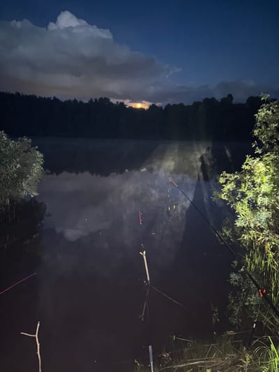 The image depicts a nighttime scene on a body of water, possibly a river or lake, adjacent to wooded areas. The sky is visible with clouds, and there is a light source, perhaps the moon, partially obscured by the clouds. Fishing rods and lines are visible extending into the water with floats. The vegetation along the shoreline is visible, indicating a natural environment. "Good luck" is written on a fishing rod. There is no indication of the image being taken in the city of Krasnyi Jar, Russia.