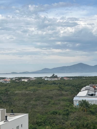 The image depicts a scenic view of Palhoça, Brazil, likely taken from an elevated position. The scene is divided horizontally, with the left side dominated by a vast expanse of the sky filled with dramatic, wispy clouds. The clouds are a mix of light and dark gray, suggesting either a partly cloudy day or the approach of inclement weather. Sunlight filters through in some areas, creating bright patches.

The right side of the image transitions to a terrestrial and aquatic landscape. A large body of water, possibly the ocean or a bay, stretches across the mid-ground. In the distance, a prominent mountain range, shrouded in a hazy blue, forms the backdrop. Along the shoreline, a scattering of buildings and vegetation indicates a coastal settlement. The buildings are varied in size and style, with some appearing to be houses and others more modern structures.

The foreground of the right side features dense, lush green vegetation, likely a hillside covered in trees and shrubs. Partially visible in the upper right and lower right corners are sections of modern buildings with white exteriors and angular designs, featuring windows and rooftop elements like chimneys. One building has a distinctive curved roof.

The orientation of the image is vertical, as if captured with a phone held in portrait mode. The time of day appears to be either morning or late afternoon, given the quality of the light. There is no discernible activity or event taking place, suggesting a still or posed shot. No text is visible in the image. The overall impression is one of natural beauty with signs of human habitation integrated into the landscape.