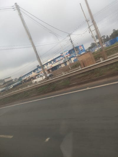 The image displays a roadside scene in Biashara ward, Kenya, under an overcast sky. In the immediate foreground, a dark asphalt road surface is visible, showing a faint white lane marking on its right side. A grey metal crash barrier separates the roadway from a narrow strip of green grass. Beyond this strip, a series of multi-story commercial buildings line the street. These structures are predominantly blue and white, featuring various commercial signage. A prominent circular Pepsi logo, colored red, white, and blue, with the word "THIRSTY" beneath it, is affixed to one of the blue buildings. Another sign on a building to the left appears to read "JIPAPA". Parked or moving vehicles, including a white pickup truck, are visible in front of the buildings. To the far left, an area with lighter-colored tent-like structures suggests an informal market. Multiple utility poles supporting a dense network of overhead power lines span across the upper portion of the frame against the grey sky. In the distant background on the right, dense green foliage and large, indistinct blue and white structures are visible. No discernible individuals or specific actions are identifiable within the frame due to distance and resolution.