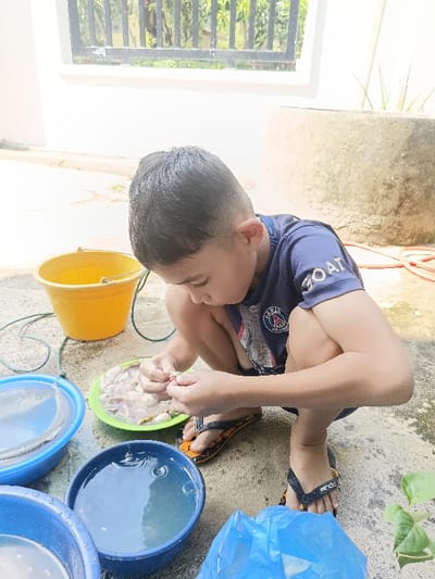 An outdoor scene in Teupinjok, Indonesia, depicts a young male individual, appearing to be a child, squatting on a concrete surface. He has short dark hair and is wearing a dark blue short-sleeved t-shirt with a "Paris Saint-Germain" club emblem and "GOAT" text, along with black and orange flip-flops. The child is actively engaged in handling organic matter, possibly fish entrails, with both hands from a light green plastic plate positioned directly in front of him.
Surrounding the child are several objects on the concrete ground. To his left, there are three blue plastic bowls containing clear water; one bowl holds a fish partially submerged. A yellow plastic bucket containing water and a dark rope or hose is situated further back to the left. A light blue plastic bag rests on the ground in the lower right foreground, near a small green plant. An orange garden hose is coiled on the ground to the far right.
The background features a light-colored wall, above which a black metal fence or railing is visible. Beyond the fence, green foliage is discernible. To the far right, a cylindrical concrete structure, possibly a well or large planter, is present. The scene is illuminated by natural daylight.