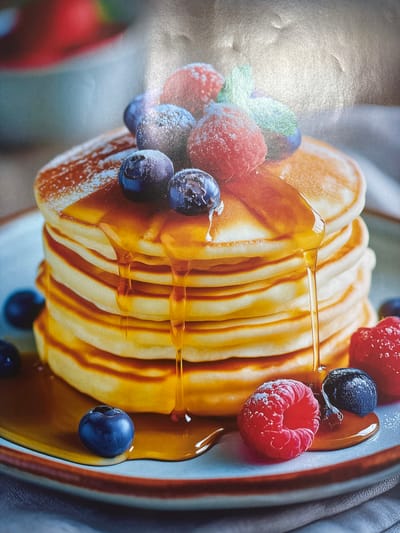 A close-up, slightly overhead shot features a stack of fluffy, golden-brown pancakes drizzled with amber syrup that is cascading down the sides. The pancakes are dusted with a fine layer of powdered sugar, giving them a delicate, frosted appearance. Several fresh berries, including vibrant red raspberries and deep blue blueberries, are scattered across the top of the pancake stack and on the plate. Some of the berries also have a dusting of powdered sugar. The berries and syrup are artfully arranged, creating a visually appealing breakfast scene. The background is softly blurred, with hints of a light-colored surface and possibly a bowl containing more fruit, suggesting a kitchen or dining setting. There are no people visible in the image. The image does not depict any recognizable landmarks or features of the city of Княгинино, Russia.
