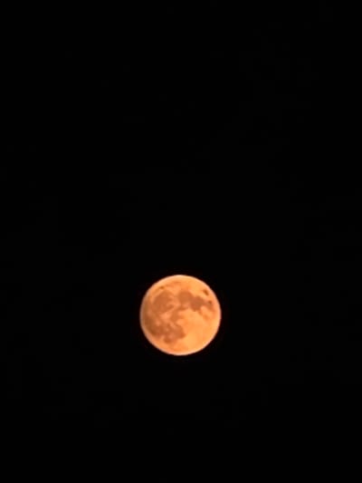 A bright orange full moon is visible in the center of the frame against a pitch-black background, suggesting it is nighttime. The moon exhibits visible craters and surface variations, giving it a textured appearance. The image does not contain any urban or environmental context, nor does it show any people or specific landmarks. Therefore, it is not possible to determine its location in Fumane, Italy, or any other specific place.
