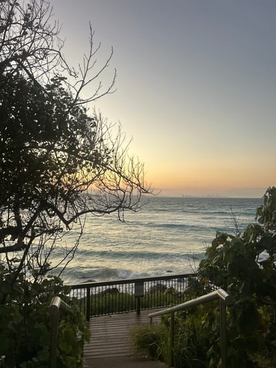 This image captures a serene coastal view in Coolangatta, Australia, likely during either sunrise or sunset, given the atmospheric lighting. The scene looks out over the ocean from an elevated perspective, framed by natural elements and a man-made structure.
The sky, occupying the upper portion of the frame, transitions from a soft yellow-orange glow on the left horizon, indicating the position of the low sun, to a pale grey-blue towards the right and overhead. Below the horizon, the vast expanse of the ocean dominates the midground, its surface shimmering with reflected light, revealing gentle, rolling waves. In the far distance along the horizon where the sea meets the sky, a faint cityscape or skyline, appearing as small, dark structures, is discernible.
In the foreground, the view is partially framed by silhouetted, gnarled tree branches on the left and bottom, contrasted with some leafy green foliage on the right and bottom. On the right side, a wooden boardwalk or viewing platform is visible, along with a sturdy dark metal fence that provides a barrier overlooking the sea. A shiny, curved metal handrail suggests an access path or stairs leading down to the platform.
The overall atmosphere is peaceful and tranquil. On the dark metal fence in the bottom right, a small sign is partially visible, with the word "Attention" clearly legible. No people or specific activities are depicted, rather the image focuses on the natural beauty of the coastal landscape at a golden hour.