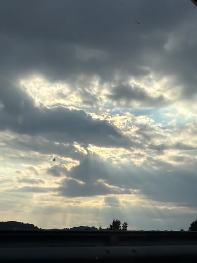 This is a vertical, low-angle, full shot of a cloudy sky seen from within a dark frame, possibly a window or doorway. The sky is dramatic, with shafts of sunlight breaking through dark, dense clouds, creating a sense of depth and highlighting the texture of the clouds. The light is a warm, golden hue, suggesting it is either sunrise or sunset. There is a small, dark silhouette of a bird in flight in the upper left quadrant of the image. Further to the right, a small, dark, circular object is visible against a bright patch of cloud. Along the right edge of the frame, a dark, silhouetted landscape of trees and hills is visible against the brightly lit sky, indicating a natural, outdoor setting. The overall mood is serene yet powerful, with the interplay of light and shadow creating a sense of awe. The location context of Korabsel'ki, Russia, combined with the visible trees and hills, suggests a rural or mountainous environment. There is no visible text in the image.