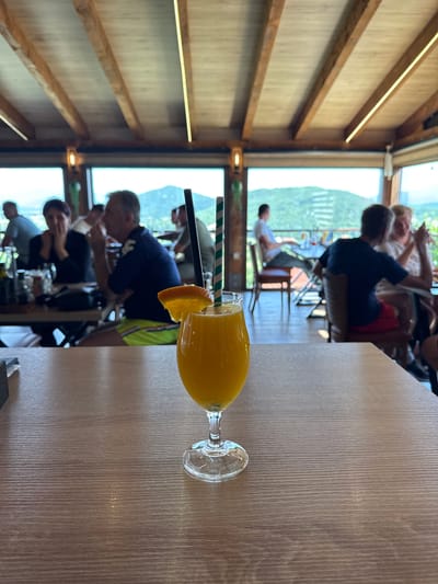 In this image, a glass of orange juice sits on a wooden table in the foreground, accompanied by a straw. Behind the glass, a group of people are seated at tables in what appears to be a restaurant or cafe. The setting features large windows that offer a view of a lush, green landscape, possibly mountains or rolling hills. The architecture includes exposed wooden beams and modern strip lighting along the ceiling, suggesting a contemporary yet rustic ambiance.

The people in the background are blurred, but they seem to be engaged in conversation and enjoying their meals or drinks. One individual in the middle ground, wearing a dark blue shirt and green shorts, is leaning forward, possibly interacting with someone at their table. The overall atmosphere appears relaxed and casual. The lighting suggests it could be daytime, with natural light streaming in through the windows. The presence of the orange juice and the outdoor view implies a pleasant day, possibly during a vacation or outing. The location context of Miločani, Montenegro, further hints at a scenic European setting. No visible text is present in the image.
