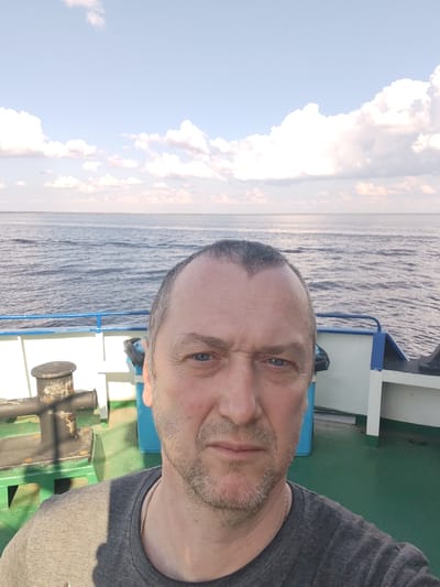 A middle-aged man takes a selfie onboard a vessel, likely a boat or ferry, near the city of Veregonets, Russia. He has short, graying hair, blue eyes, and light stubble. The background shows a body of water meeting the horizon under a partly cloudy sky. The vessel has a green deck with a black mooring bollard, white and blue railings, and what appears to be blue recycling bins. The man is wearing a gray t-shirt and a gold chain around his neck.