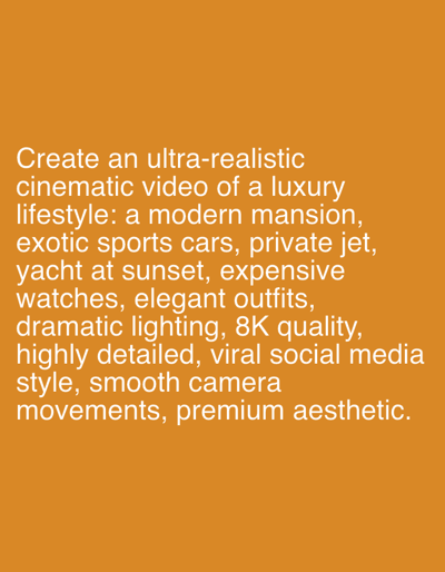 The image contains text on an orange background. The text reads: "Create an ultra-realistic cinematic video of a luxury lifestyle: a modern mansion, exotic sports cars, private jet, yacht at sunset, expensive watches, elegant outfits, dramatic lighting, 8K quality, highly detailed, viral social media style, smooth camera movements, premium aesthetic." There is no information about the city of Gavrailovo, Bulgaria, in this image.