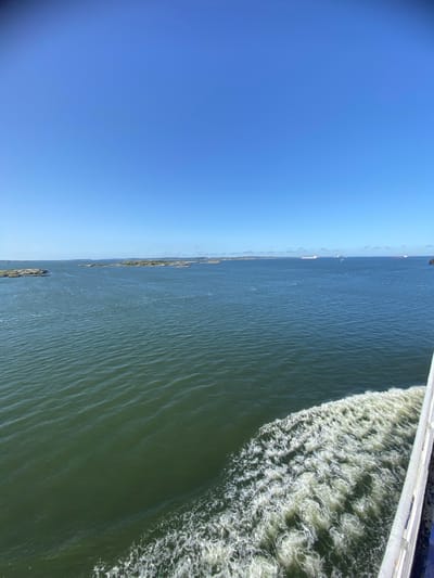This image depicts a view from a boat moving through water, likely in Gothenburg, Sweden. The scene is dominated by the vast expanse of the sea under a clear blue sky. The perspective is from a high vantage point, looking out over the water.

The subjects include the choppy water churned up by the boat's movement, creating a trail of white foam and waves along the right side of the image. In the distance, there are several ships, suggesting a busy shipping lane or port area. Along the left horizon, a faint landmass with trees and some structures can be seen, hinting at the coastline. The water itself is a deep green, with ripples indicating a gentle chop.

The time of day appears to be daytime, with bright sunlight casting a clear light across the scene. The weather seems pleasant and clear, with no clouds visible. The location context of Gothenburg, Sweden, is consistent with a maritime setting and the presence of ships. There are no visible people or text in the image. The overall mood is one of motion and openness, characteristic of being at sea.