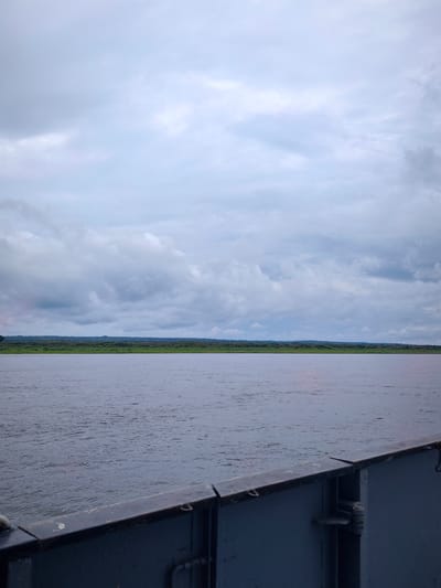 This image captures a wide view of a river under a cloudy sky. In the foreground, the dark railing of a vessel, likely a ferry or barge, is visible. The river's surface is textured with small ripples. Across the river, a dense line of green trees forms the distant shoreline. The sky is filled with a mix of gray and white clouds, suggesting an overcast day. The scene appears to be located in the vicinity of Zotino, Russia, a settlement situated on the Yenisei River. There are no people or specific actions depicted in the image, only the natural environment and a man-made structure.