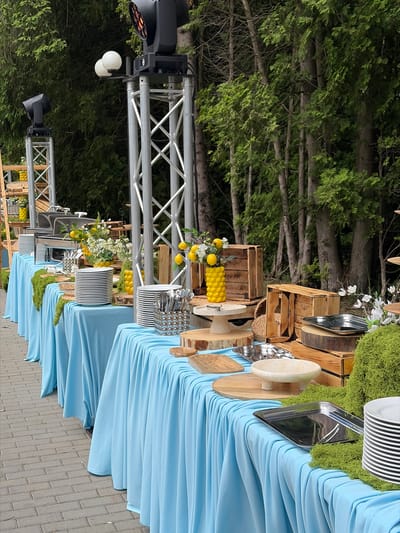 This image shows a catering setup in an outdoor, wooded setting, likely in Пятрышкаўскі сельскі Савет, Belarus. The scene features a long table draped with a light blue tablecloth that is pleated and cascades to the ground. The table is laden with various serving dishes, stacks of white plates, and cutlery. Decorative elements include bunches of yellow lemons and white flowers, as well as vibrant green moss.

Behind the table, tall evergreen trees form a dense backdrop. To the left of the table, industrial metal scaffolding supports lighting equipment, including stage lights and spotlights. The ground is paved with brick.

The setup suggests an event, such as a wedding reception or a catered outdoor gathering, is either underway or being prepared. The lighting equipment points to an event that might extend into the evening. There is no visible text in the image.