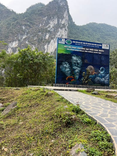 This image captures a scenic view at Ma Phuc Pass in Quốc Toản, Vietnam, featuring a large informational sign prominently displayed outdoors. The sign stands vertically, with its top portion containing text in white against a dark blue background. It reads: "CÔNG VIÊN ĐỊA CHẤT TOÀN CẦU UNESCO NON NƯỚC CAO BẰNG" (Non Nuoc Cao Bang UNESCO Global Geopark) and "ĐÈO MÃ PHỤC KHOẢNG 260 TRIỆU NĂM TRƯỚC" (Ma Phuc pass about 260 million years ago). The UNESCO logo and two other small emblems are visible on the sign.

The lower half of the sign presents a colorful illustration depicting ancient marine life, including ammonites, nautiloids, corals, and fish, set in an underwater scene with light, cloud-like formations. To the right of the sign, a paved pathway made of irregular grey stones curves gently upwards, bordered by a low stone edge. The ground around the path and sign is covered with varied green vegetation, including grass and some low-lying plants.

In the middle ground, lush green trees and shrubs are visible. The background is dominated by dramatic, towering limestone karst mountains, characteristic of the region, their grey and white rock faces partially obscured by a hazy or overcast sky, suggesting it is daytime. No people are visible in the scene. The setting appears to be a designated viewpoint or educational stop within the Non Nuoc Cao Bang UNESCO Global Geopark, offering insights into its geological history.
