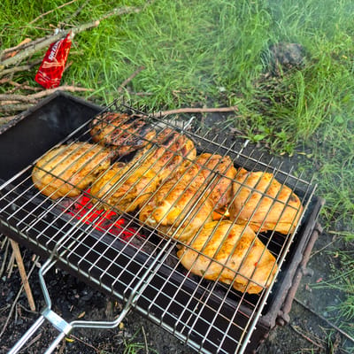 The image shows a close-up of chicken pieces cooking on a metal grill over glowing red coals. The chicken pieces are arranged in rows on the grill grate and appear to be seasoned with spices. Some pieces show grill marks and a golden-brown color, indicating they are close to being fully cooked. The grill is placed on the ground amidst dry branches and green grass, suggesting an outdoor setting, possibly a picnic or camping area. The background consists of more grass and foliage. A red packet with white writing is visible in the upper left corner of the image, lying on the grass next to some branches. The overall scene depicts food preparation in an outdoor environment.