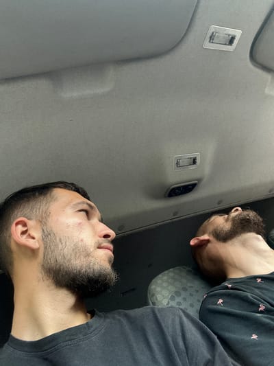 The image shows two men in what appears to be the interior of a vehicle, possibly a truck or van, given the grey, upholstered ceiling with a visible light fixture and a control panel. Both men have beards and are looking upwards. One man, closer to the foreground and on the right side of the image, is wearing a black t-shirt with a pattern of pink flamingos. The other man, further back and on the left, is wearing a black t-shirt. The lighting suggests it might be nighttime or an indoor environment with artificial lighting, as there are shadows and the overall light is not bright. The setting appears to be a travel or resting environment within a vehicle. There is no visible text in the image.