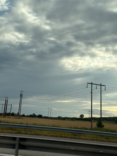A photograph taken from a vehicle on a highway in Trönninge, Sweden, captures a rural landscape under a cloudy sky. The foreground features a metal guardrail and a section of asphalt, suggesting the perspective of a passenger or driver. Beyond the highway, a vast field of dry, golden crops, likely wheat or barley, stretches towards the horizon. Several wooden power line poles with visible insulators and wires traverse the field, indicating the presence of electrical infrastructure. In the distance, a line of trees forms a natural border to the agricultural land, with a few scattered trees standing alone in the field. The sky is dominated by heavy, grey clouds with patches of brighter light peeking through, hinting at either sunrise or sunset, or possibly the clearing of a storm. The overall impression is one of a vast, open rural environment under a dramatic sky.