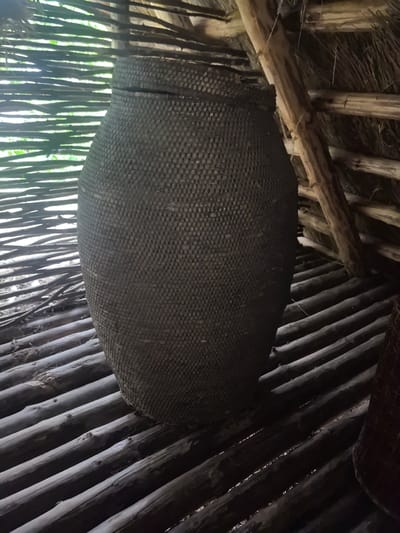 An extreme close-up shot, captured from a low angle, shows a large, dark, woven basket with a lid. The basket is positioned in the center of the frame, taking up the majority of the space. Its surface is intricately woven with a tight, repeating pattern. The basket sits on a floor constructed of horizontally laid, dark, rough-hewn logs. Above and behind the basket, the interior of a rustic structure is visible. Thin, horizontal wooden poles, likely part of a wall or screen, are visible to the left of the basket, with a soft, green, out-of-focus background suggesting foliage. To the right and above, the angled wooden beams of a thatched roof are apparent, intertwined with dried vegetation. The overall lighting is dim, with natural light filtering in from the left, highlighting the texture of the basket and the rough construction of the dwelling. The image was taken in Kamianiuki village, Brest Region, Belarus.