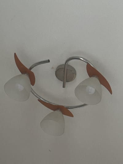 This is a close-up, overhead shot of a ceiling light fixture with three frosted glass lampshades. The fixture is mounted on a textured white ceiling and features a curved chrome-colored metal frame. Each lampshade is conical in shape and attached to the frame by a small, curved, brown accent piece that resembles a leaf or petal. The lights appear to be turned on, as a glow is visible within each lampshade. There are no people or other objects visible in the frame. The image appears to have been taken indoors, likely in a residential setting. No specific location in the city of Strakonice, Czechia, can be determined from this image.