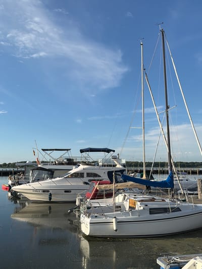 This media file captures a scene of several sailboats docked in a marina under a clear blue sky with wispy white clouds. The image is oriented vertically, with the boats stretching from the bottom of the frame upwards. The sun appears to be shining brightly, suggesting it is either morning or afternoon. The water in the marina is calm and reflective, showing the undersides of the boats.
The main subject is a fleet of sailboats, predominantly white with dark blue sails and accents. The masts of the sailboats are prominent, reaching high into the sky, with rigging and sails visible. One sailboat in the foreground has a blue sail partially unfurled and a white hull with dark trim. Another sailboat behind it also features white hulls and dark blue covers. The boats are moored next to a wooden dock.
Notable details include what appear to be wind instruments at the top of the masts. There is some greenery visible in the background, suggesting a landmass or shore beyond the marina. The overall atmosphere is one of tranquility and a beautiful day for sailing.
Visible text includes "97065-A" on the hull of one of the sailboats. Another sailboat has "Sirens Call" handwritten on its stern. The location context provided indicates this scene is in Ribnitz-Damgarten, Germany.