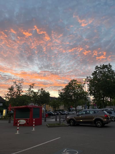 This media file depicts a street scene at dusk, characterized by a dramatic sky filled with colorful clouds. The clouds are a mixture of pale blue, white, and vibrant orange-pink hues, suggesting the sun is low on the horizon.

In the foreground and to the right, a red kiosk stands, possibly a fruit stand, with an image of strawberries and text that reads "HERRHEIMER Erdbeerland" and "www.herrfel.de". Two striped bollards are positioned in front of it. Behind the kiosk, a brown SUV is parked on the side of an asphalt road. Several other cars are visible parked in a row further down. A bicycle is parked near the sidewalk. Trees line the street, their dark green foliage contrasting with the bright sky. In the background, buildings can be seen. A street lamp is also visible between the trees. The scene is set in an urban or suburban environment. The presence of parked cars and a kiosk suggests a commercial or public area. The overall mood is serene, enhanced by the beautiful sunset colors in the sky. The location is identified as Landau in der Pfalz, Germany.