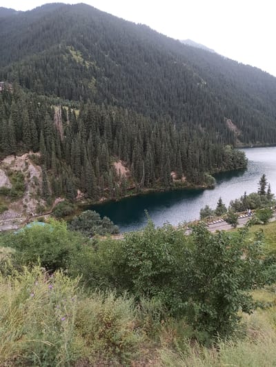 The image depicts a serene mountain lake scene in Kurmeti, Kazakhstan. A vast, tree-covered mountain slopes down to meet a tranquil, dark blue lake. Along the shoreline, a wooden pathway is visible, with several individuals strolling along it. The foreground features lush green vegetation, including trees and grasses, partially obscuring a glimpse of a green-roofed structure. The overall atmosphere is peaceful and natural, with the dense forest dominating the landscape.