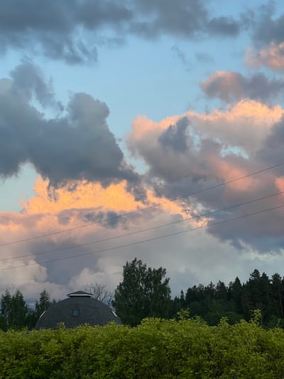 This image, captured in Zaķumuiža, Latvia, depicts an outdoor scene primarily featuring an overcast sky above a distinct building and dense vegetation. The upper portion of the frame is dominated by a light blue sky interspersed with voluminous clouds. A significant cluster of these clouds exhibits dark grey storm characteristics, while others are brightly illuminated with warm orange, yellow, and pink tones, suggesting either sunrise or sunset. Three parallel dark power lines horizontally traverse the middle ground of the sky.
Below the power lines, a unique dome-shaped building with a dark shingled roof is partially visible, its lower section obscured by foreground foliage. The structure features a small, octagonal cupola-like vent at its apex and a single rectangular skylight window on its curved roof. Surrounding the building are various trees; lighter green deciduous trees are visible to the left, and a dense, dark green coniferous forest stretches across the horizon to the right. The immediate foreground consists of a thick, vibrant light green hedge with small leaves, which extends across the entire width of the frame. No individuals or specific actions are discernible.