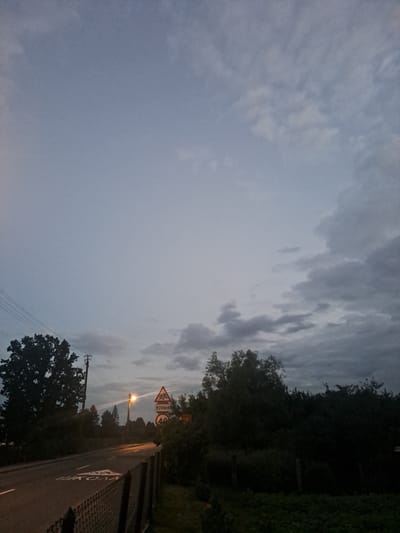 The image depicts a road in Porazava, Belarus at dusk. A paved road runs diagonally from the bottom left to the center right of the frame. The road is marked with white lines and the word "ШКОЛА" (school in Russian) is visible on the pavement. On the left side of the road, there is a large tree and a utility pole with wires. A street lamp illuminates the road ahead. To the right of the road, there is a chain-link fence and dense foliage. Several road signs are visible on the right side of the road: a triangular sign with children crossing, a circular sign indicating a distance of 200 meters, and a circular sign with the number "40" indicating a speed limit. The sky is overcast with scattered clouds, and the overall lighting suggests twilight.