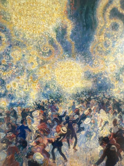 The image depicts a crowd of people, likely in a public park, dancing and interacting. It is an oil painting with a pointillist style, meaning it utilizes dots of different colors to create the overall image. The painting is set under a large, vibrant blue and yellow sky. The people wear a variety of colors and are mostly blurred, showing movement. The environment is unclear, but there are no discernable background details except the sky. The people seem to be focused on each other and the activity at hand.
The painting was likely created in the early 1900s, during the Art Nouveau period in the Art Deco district of Saint-Josse-ten-Noode, Belgium, a densely populated neighborhood in the city of Brussels.