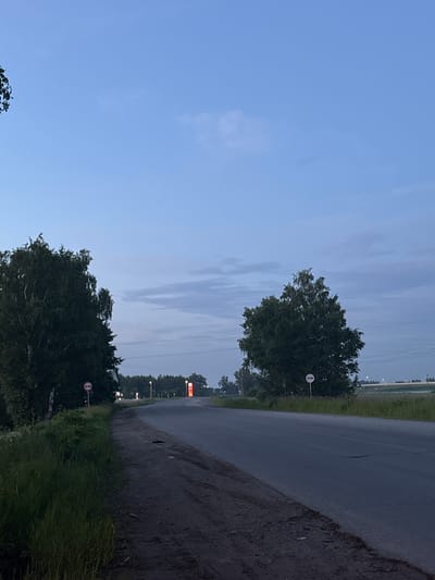 The image depicts a rural road at dusk, likely in Krasnokamsk, Russia, given the context. The road curves to the left, with a grassy shoulder on the left side and a darker dirt shoulder on the right. Tall trees line the left side of the road, and another large tree is visible in the middle ground on the right. In the distance, a red illuminated sign, possibly for a gas station or business, stands out against the darkening sky. Streetlights or lights from distant buildings are also visible along the road in the distance. Power lines stretch across the scene in the middle ground. The sky is a pale blue with some wispy clouds, indicating the transition from day to night. Two traffic signs are visible; one on the left appears to be a "no passing" sign, and another on the right is partially obscured but also appears to be a traffic regulatory sign. There are no people visible in the image. The overall atmosphere is quiet and serene, characteristic of a rural setting at twilight.