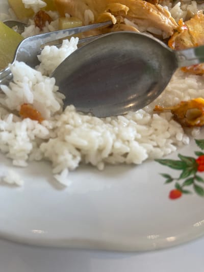 A close-up, overhead shot shows a plate of rice with fork and spoon. The fork is in the upper left corner of the frame, partially submerged in the rice. A spoon is in the center of the frame, with its edge slightly angled towards the viewer. The plate has a floral pattern on the right side. The food appears to be a rice dish with pieces of chicken and some vegetables. The image is focused on the food and utensils, with the background blurred. The scene is domestic and likely in a kitchen or dining room in Cijantra, Indonesia.
