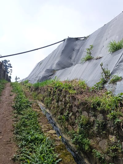 This image depicts an upward-sloping hillside in Uato Carabar, Timor-Leste, under an overcast sky. In the foreground on the left, a reddish-brown dirt path ascends, flanked by green vegetation. To the right of the path, a stone retaining wall, constructed from irregularly shaped stones and covered with moss and various plants, supports the higher terrain. A narrow, dark water channel runs at the base of this stone wall, parallel to the path. Further to the right and ascending steeply is a large embankment covered extensively with a dark grey or black geotextile fabric or netting, appearing taut but with some folds. Patches of green grass and small plants protrude through or grow on this fabric-covered slope. A thick, dark cable or power line spans horizontally across the upper-middle portion of the frame, above the covered embankment. A few distant trees are visible on the far left horizon. No individuals are present in the scene.