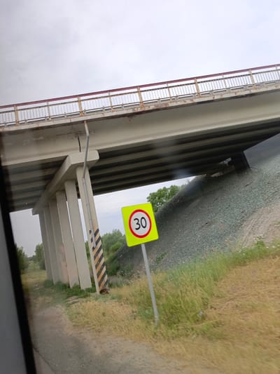 A speed limit sign with "30" in a red circle on a yellow background is visible to the right of a concrete overpass in Srednesibirskii, Russia. The overpass is supported by several concrete pillars, some of which have black and yellow striped markings. The area around the overpass is covered with grass and gravel, with trees visible in the background. The sky is overcast and grey.