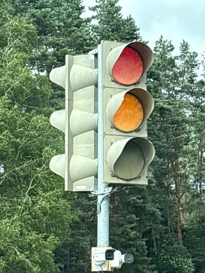 A traffic light with red and amber lights illuminated is visible against a backdrop of dense green trees. The traffic light is mounted on a pole with a white camera attached below it. The traffic light has a row of grey, sound-emitting devices on its left side. The scene appears to be in an outdoor, possibly rural or park-like setting, given the abundance of trees and the overcast sky.