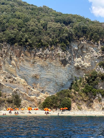 This image depicts a coastal scene in the Municipal Unit of Ellomenos, Greece. In the foreground, the deep blue sea with visible ripples occupies the lower portion of the frame. A shoreline composed of small white pebbles stretches across the middle ground, where several beach umbrellas, predominantly red and yellow, are set up. People are scattered across the beach, some seated under the umbrellas, others sunbathing, and a few are visible in the shallow water near the shore. Behind the beach, a dramatic, layered cliff face rises steeply. The rock formations are a mix of pale beige and off-white, with distinct horizontal striations, suggesting sedimentary rock. Lush green vegetation, including trees and shrubs, covers the top of the cliff and spills down in some areas. The sky above is a clear, bright blue with a few wispy white clouds. The overall impression is a serene beach environment nestled against a rugged natural landscape.