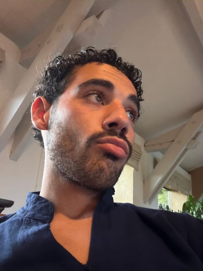 A close-up, low-angle portrait captures a young adult male looking upwards. The man has dark, curly hair, a neatly trimmed beard, and brown eyes. His lips are slightly parted, and his expression appears pensive or contemplative as he gazes upwards and to his right. He is wearing a dark blue collared shirt.
The background consists primarily of a light-colored ceiling with prominent white or light wooden beams, suggesting an indoor setting with rustic or traditional architecture. Natural light illuminates the scene, creating soft shadows and highlighting the details of his face and hair. Hints of greenery through what appears to be a window or opening are visible in the upper right portion of the image, indicating daylight. No text is visible in the image. The location context provided is Mauléon-d'Armagnac, France.
