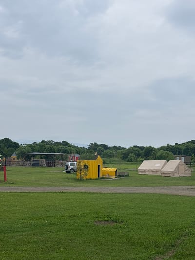 The image depicts an outdoor scene in Tavrichanka, Russia, with a focus on a grassy field dotted with several structures. In the foreground, a well-maintained green lawn stretches across the frame, with a gravel path running horizontally through the mid-ground.

To the right of the path, two large, light-colored canvas tents are pitched side-by-side. Further to the left, a small, bright yellow building with a pitched roof and a miniature version of the same building are present. A white SUV is parked near this yellow structure. Beyond the yellow building, a larger wooden structure with a covered roof and an open-sided enclosure is visible, which appears to be part of a farm or petting zoo, with fencing and some animals or play equipment inside. A red structure, possibly a small building or part of a play area, is also discernible in this section.

The background is characterized by a dense line of green trees, with distant mountains visible on the horizon under a cloudy sky. The overall impression is a rural or recreational setting, possibly a campground or an amusement park. There are no people visible in the image.