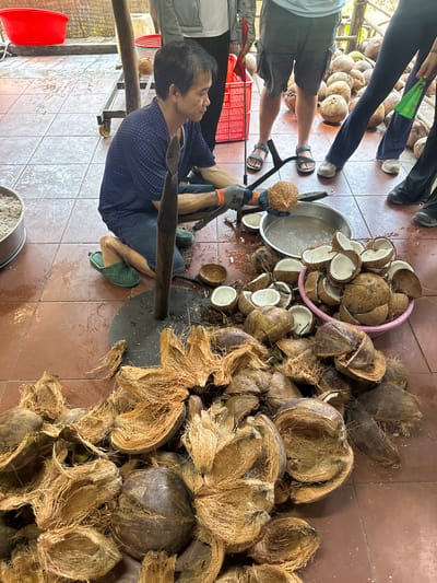 A man is sitting on the floor, splitting coconuts in Tân Thạch, Vietnam. He is wearing a dark blue, short-sleeved shirt with white polka dots, dark shorts, green sandals, and work gloves on his hands. He is using a metal tool mounted on a stand to split the coconuts. Around him are piles of coconuts, both whole and split open. There is a pink plastic basket containing split coconuts with white insides. A metal bowl filled with liquid is near the man. In the background, several people are standing and looking at the man. The floor is tiled and brown. A red plastic basket and other containers are also visible in the background.