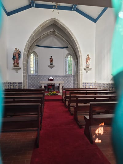 The image shows the interior of a church, likely the Igreja Matriz de Marinhas in Esposende, Portugal, based on architectural details. Rows of wooden pews are on either side of a red carpeted aisle. At the far end is an altar decorated with flowers, against a wall adorned with blue and white tiles. The walls are white with blue trim. Sculptural figures are mounted on the walls. Natural light filters through arched windows.