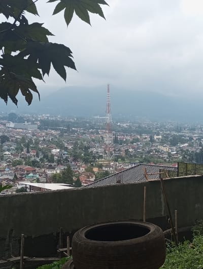 This image provides an elevated, static view overlooking the city of Gadog, Indonesia, under an overcast sky. In the upper left foreground, large, dark green leaves from a plant are silhouetted against the bright sky, partially obscuring the view. The lower foreground features a dark, weathered vehicle tire positioned upright, serving as a container or planter, resting on unkempt ground with some green foliage and rudimentary wooden supports. Behind the tire, a textured gray concrete wall spans horizontally. Beyond this wall, the midground displays a vast residential area characterized by numerous closely packed houses with varied roof colors, predominantly red and dark grey tiles. Trees are interspersed throughout this urban sprawl. A prominent, tall lattice communication tower, painted in alternating red and white sections, rises above the city in the center-right. The background reveals a series of hazy, indistinct hills or mountains receding into the distance, blanketed by a uniform gray, cloudy sky. No individuals are visible.