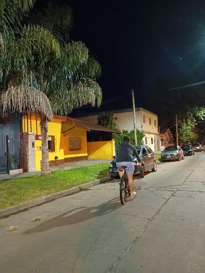 The scene takes place on a residential street in El Talar, Argentina, at the coordinates -34.474, -58.643. It is nighttime, and the street is illuminated by streetlights. A man is riding a bicycle down the street, away from the camera. He is wearing a dark jacket and grey shorts. The street is paved and lined with houses on both sides. A large palm tree grows in the front yard of a yellow house on the left side of the frame. Several cars are parked on the right side of the street. The houses are mostly obscured by shadows. The man is the only person in the scene. There are no other visible actions or interactions. The environment is quiet and peaceful.