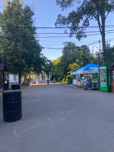 The image depicts a scene in Nyzhni Mlyny, Ukraine. The photograph is oriented vertically, showing a pathway with trees and a street stall. In the foreground, two black barrels are visible on the asphalt. The pathway leads towards a stall with a blue awning, displaying various items, possibly toys or souvenirs, under the awning and on a cart. Behind the stall, a green refrigerator filled with drinks is positioned against a building. The time of day appears to be late afternoon or early evening, indicated by the warm sunlight casting shadows and illuminating the trees. The weather seems pleasant, with clear blue skies visible through the trees. Several people are walking along the pathway in the distance, some appearing to be children. Power lines crisscross the upper part of the frame, strung between trees and poles. The overall atmosphere is relaxed, suggesting a leisurely day in a park or public area. Some text is visible on the stall's awning and on the green refrigerator, but it is partially obscured and in Ukrainian.