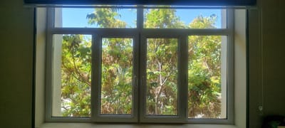 A close-up, frontal, interior shot captures a window with a light gray frame, divided into four vertical panes. Through the glass, a dense canopy of green and brown foliage from trees is visible against a clear blue sky. The leaves are predominantly green, with some areas of dried brown foliage, suggesting either the season or the specific type of tree. The window is set into a light-colored wall, and to the right, a dark wall is visible, with a thin white string hanging vertically, attached to a small white object near its end. The overall scene appears to be a view from a room in Urgench, Uzbekistan, looking out onto trees under a bright sky.